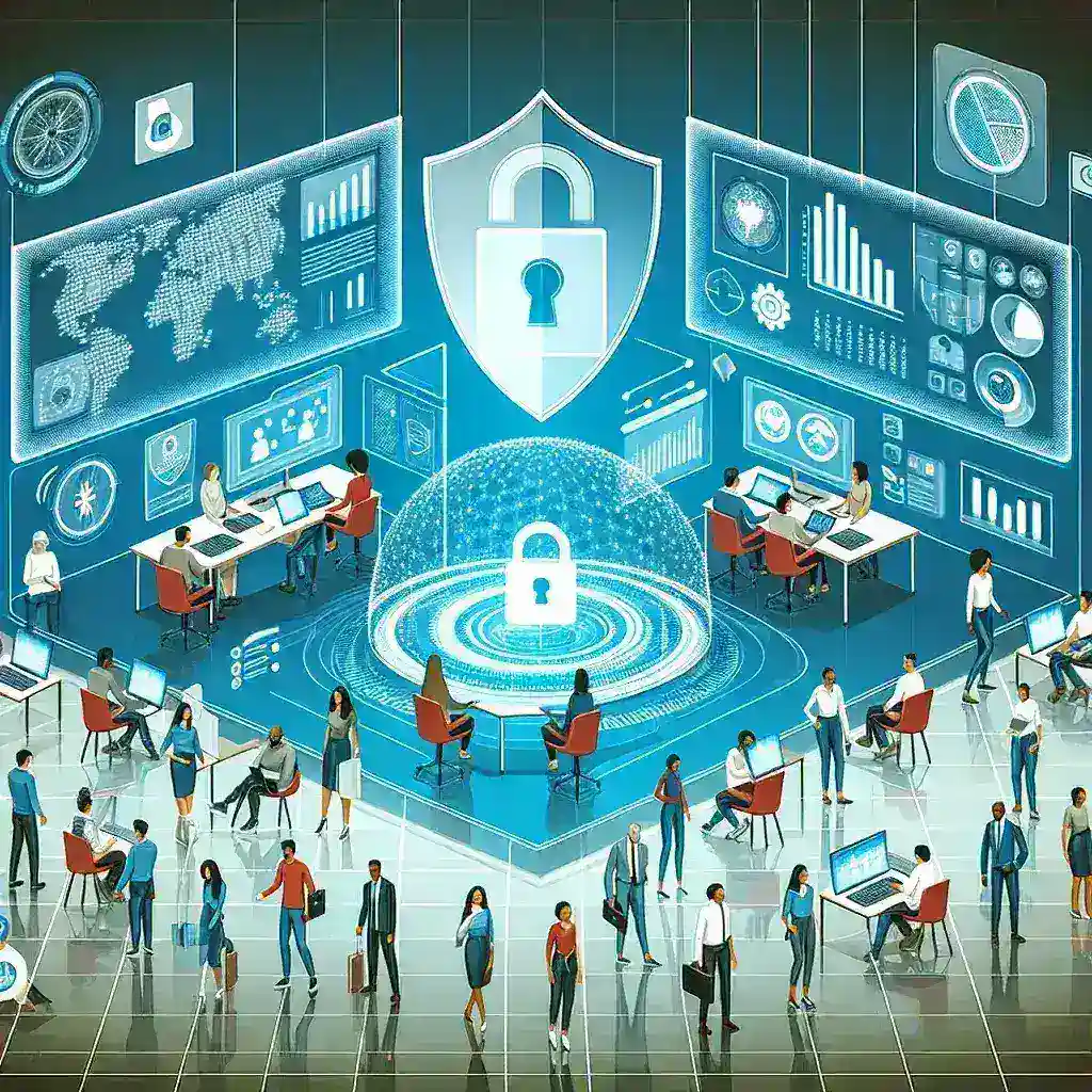 "Team collaborating in a secure shared workspace platform, emphasizing data protection and privacy in a modern digital environment."